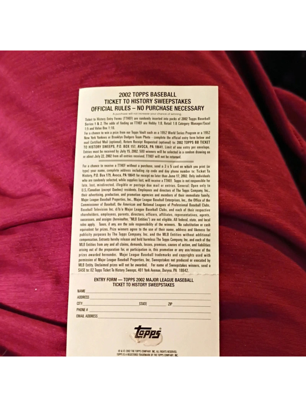 2002 Topps Baseball Ticket to History Sweepstakes 1952 World Series Replica Game
